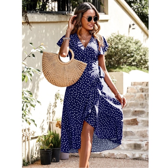 Polka Dot Midi Dress Wrap Navy Blue - Picture 3 of 7